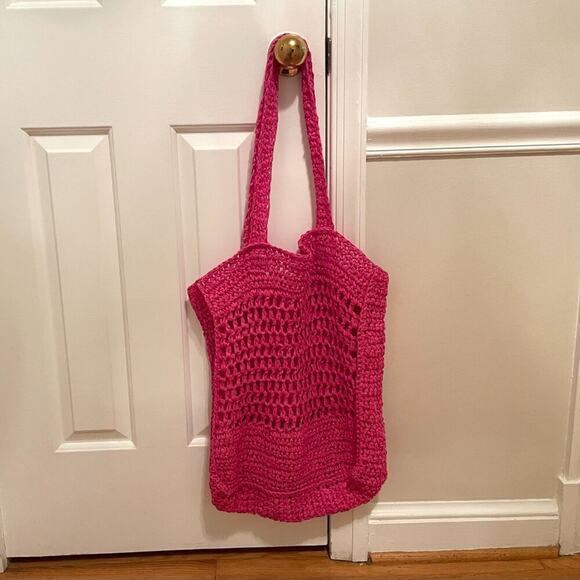 Old Navy Pink Straw/Paper Beach/Pool/Summer Crochet, Open Weave Tote Bag - Picture 9 of 9